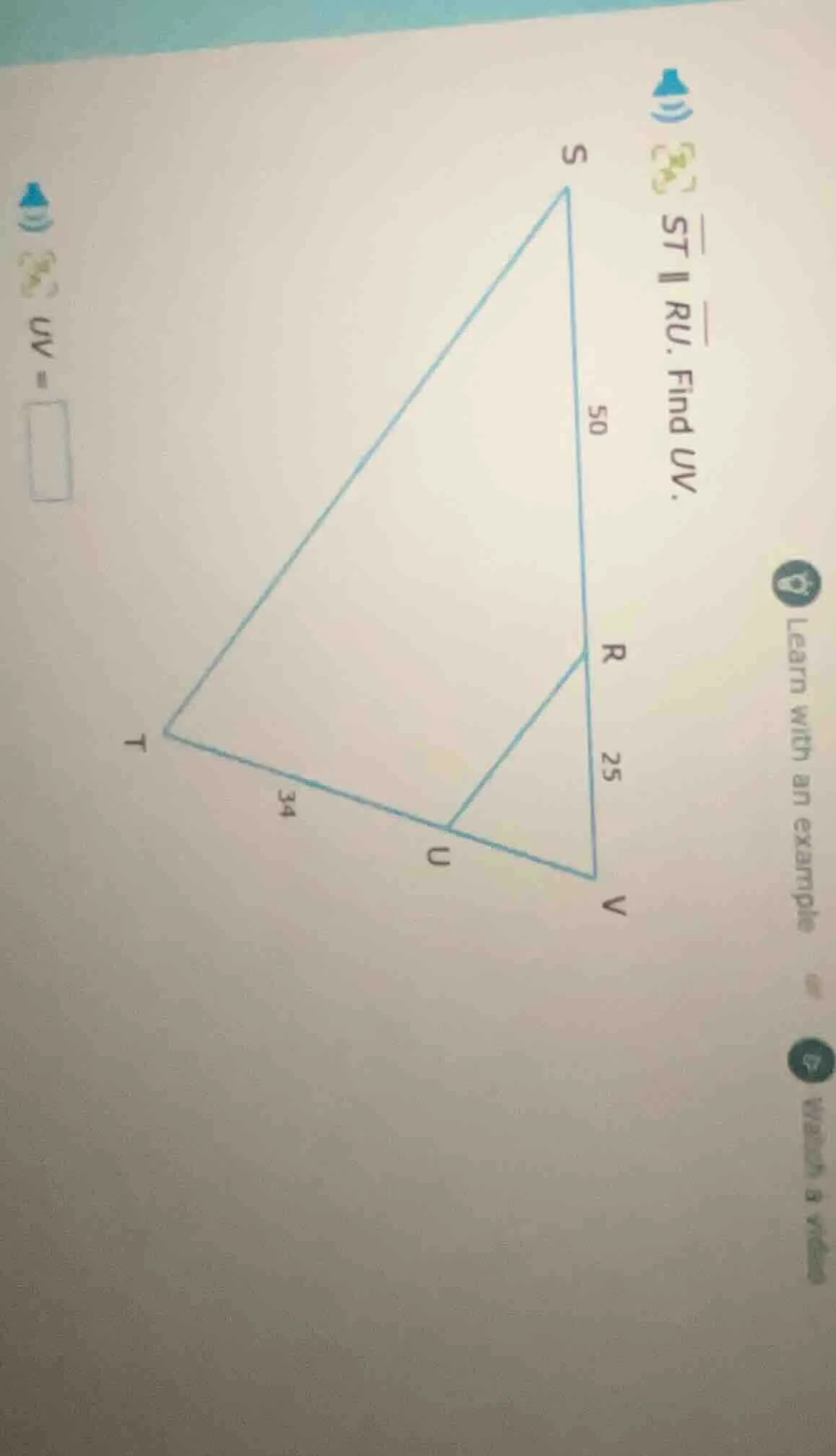 1) $overline{st} parallel overline{ru}$. find $uv$. $uv = \\square$
