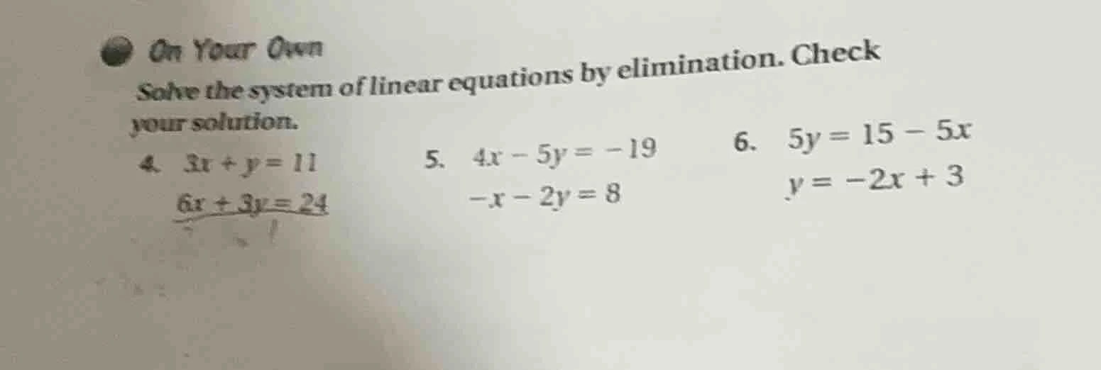 on your own solve the system of linear equations by elimination. check …