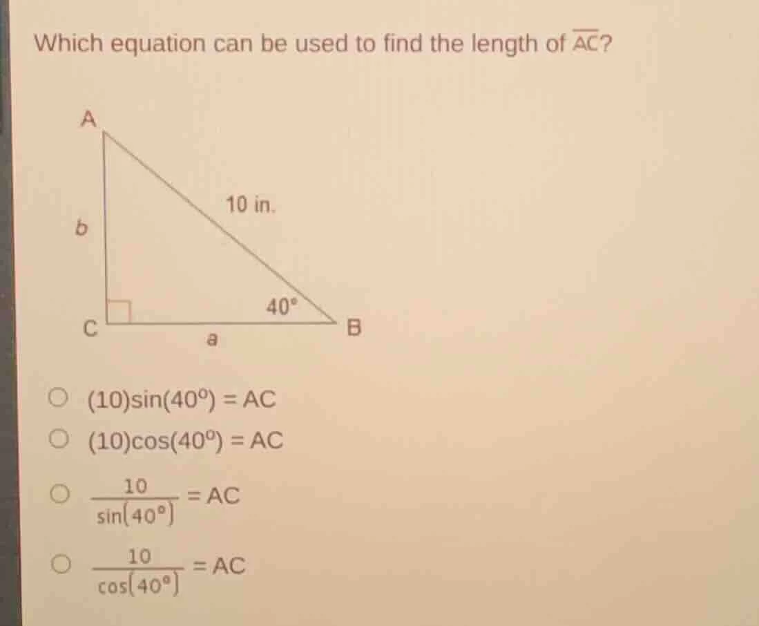 which equation can be used to find the length of $overline{ac}$? (10)$\…