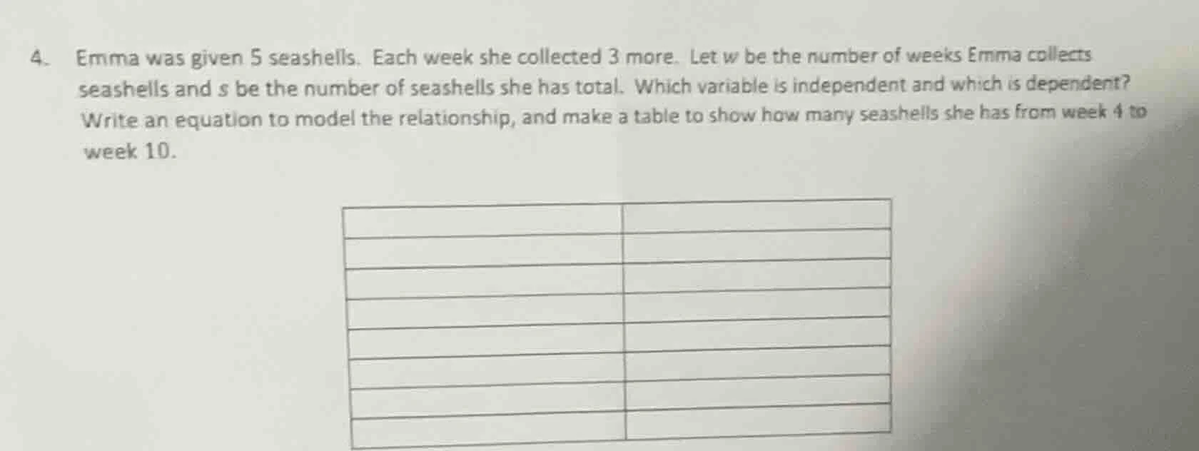 4. emma was given 5 seashells. each week she collected 3 more. let w be…