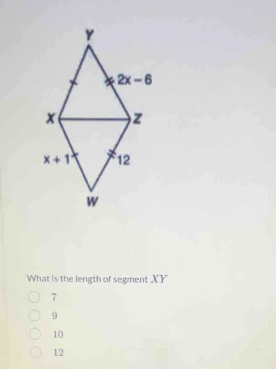 what is the length of segment $xy$? 7 9 10 12 the figure shows a quadri…