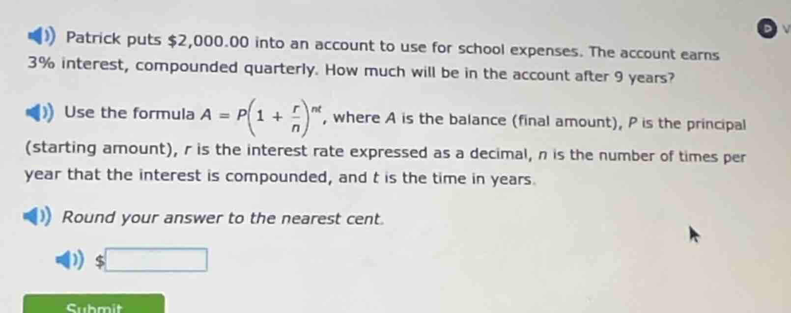 patrick puts $2,000.00 into an account to use for school expenses. the …