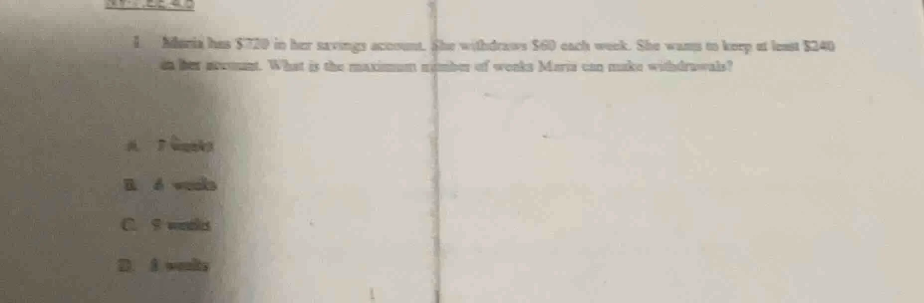 1. maria has $720 in her savings account. she withdraws $60 each week. …