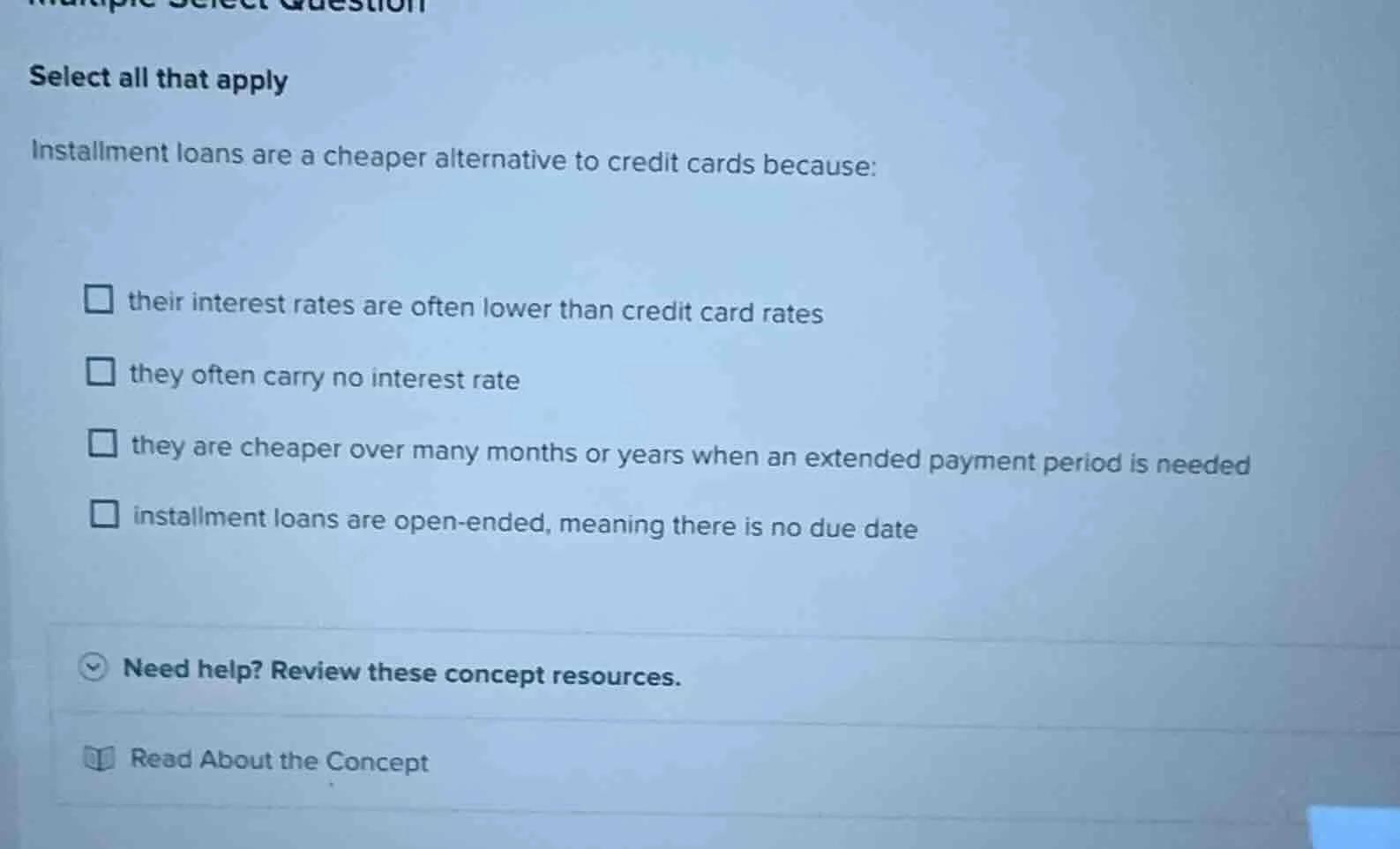 select all that apply installment loans are a cheaper alternative to cr…