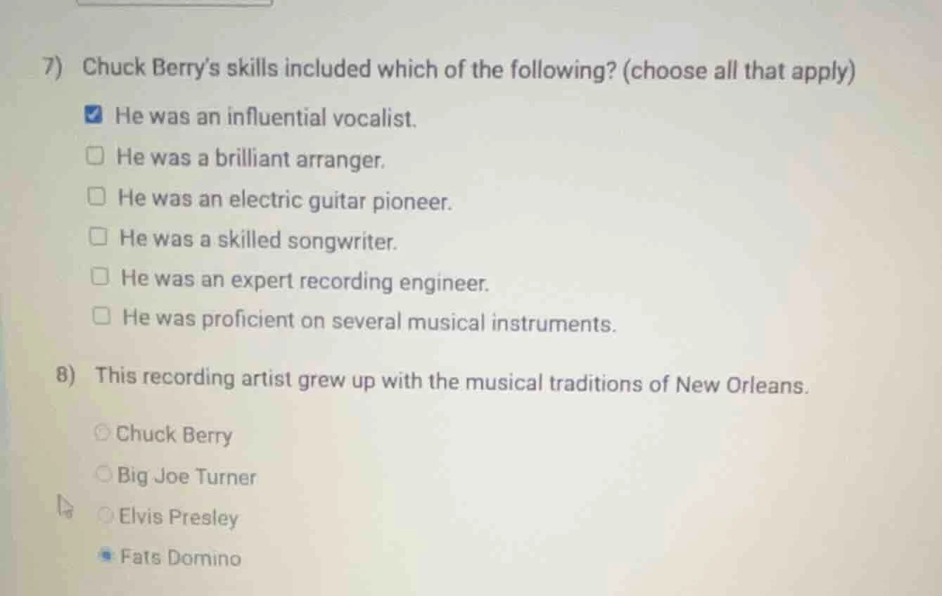 7) chuck berrys skills included which of the following? (choose all tha…