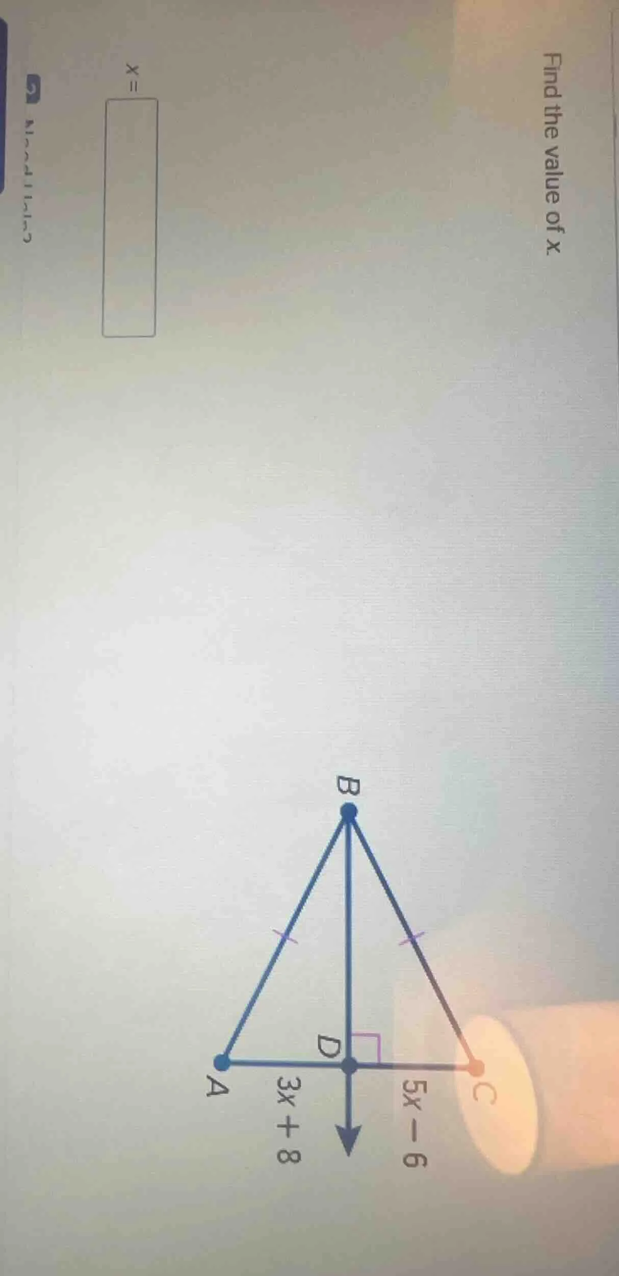 find the value of x. $x=\\boldsymbol{\\square}$ in the triangle: $ab=bc…