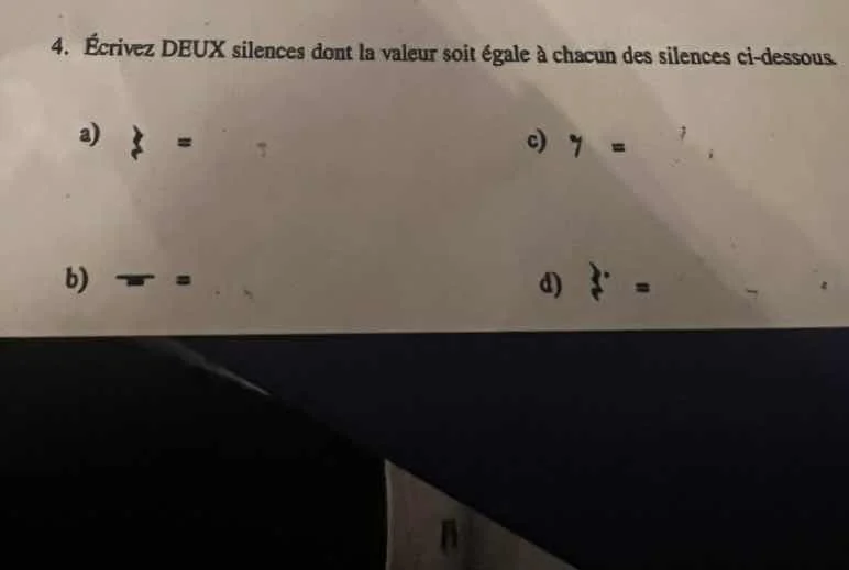 4. écrivez deux silences dont la valeur soit égale à chacun des silence…