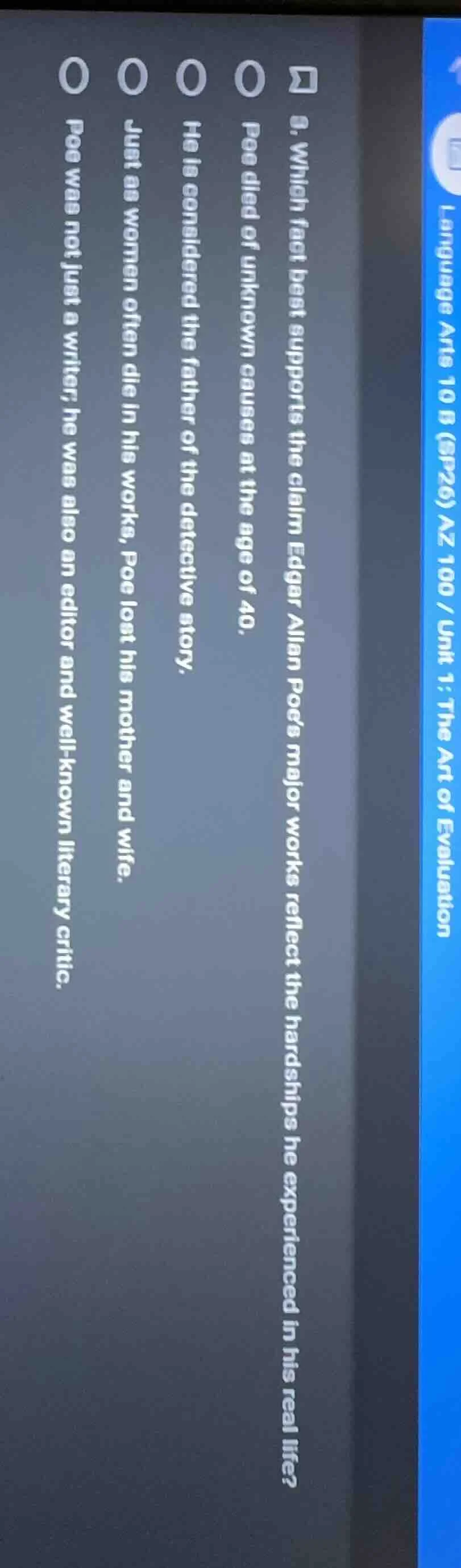 language arts 10 b (sp26) az 100 / unit 1: the art of evaluation 8. whi…