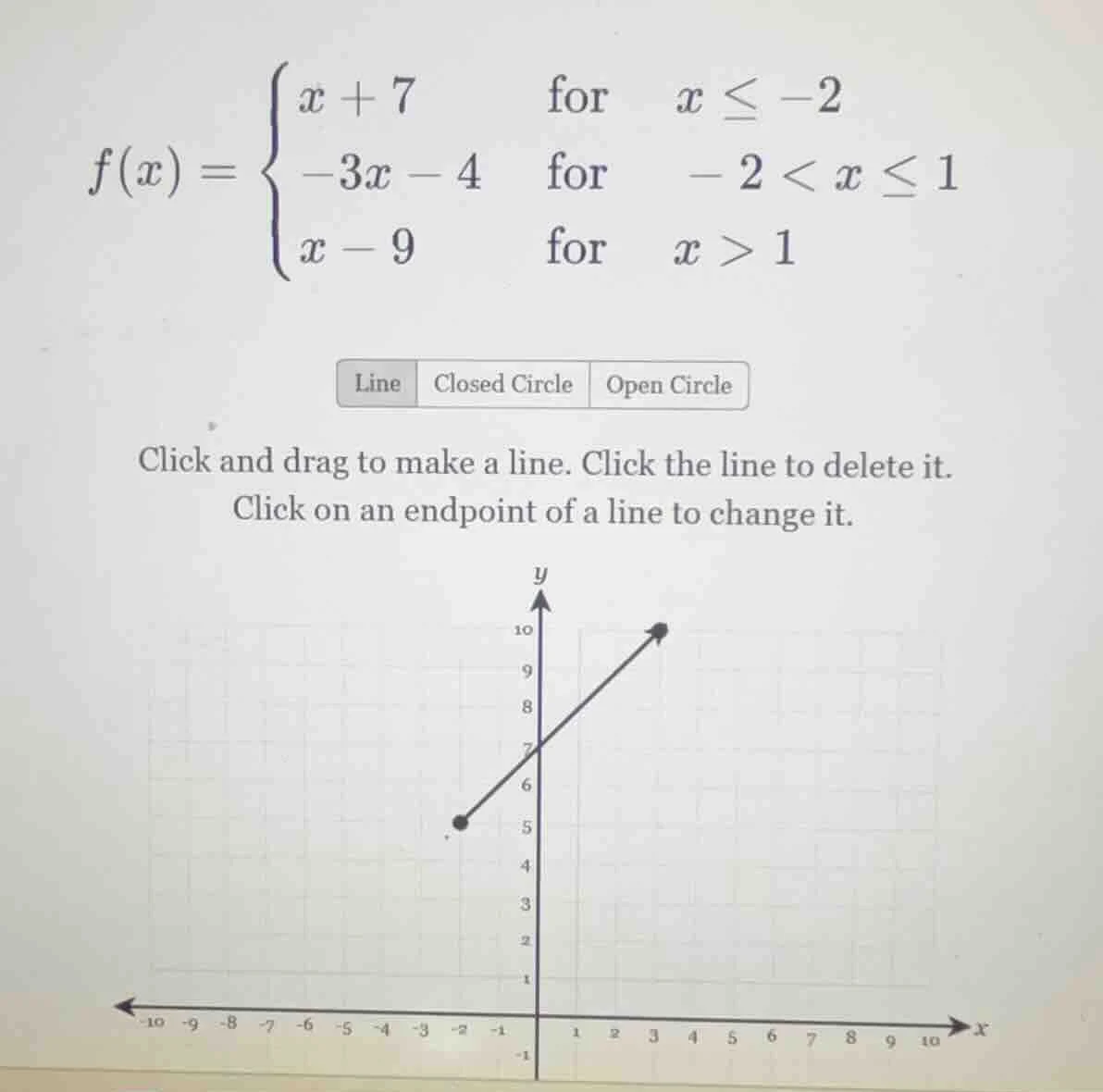$f(x)=\\begin{cases} x + 7 & \\text{for } x \\leq -2 \\\\ -3x - 4 & \\t…