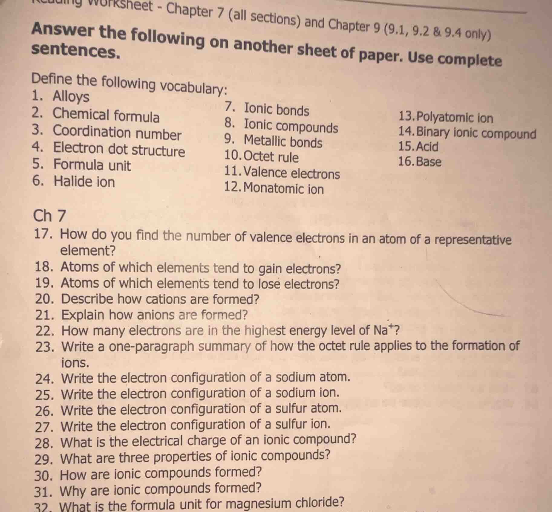 worksheet - chapter 7 (all sections) and chapter 9 (9.1, 9.2 & 9.4 only…