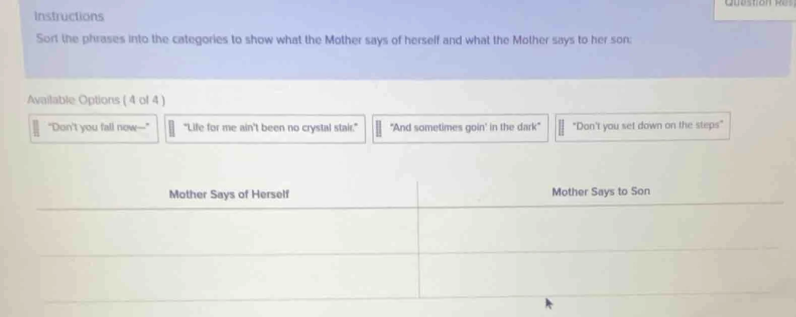instructions sort the phrases into the categories to show what the moth…