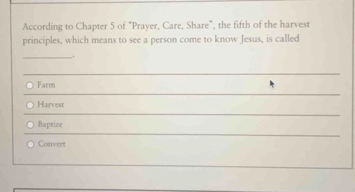 according to chapter 5 of \prayer, care, share\, the fifth of the harve…