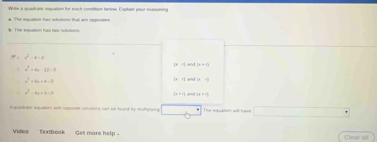write a quadratic equation for each condition below. explain your reaso…