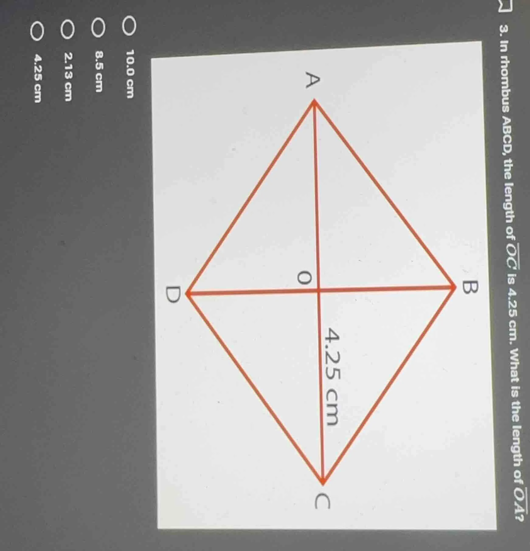 3. in rhombus abcd, the length of $overline{oc}$ is 4.25 cm. what is th…
