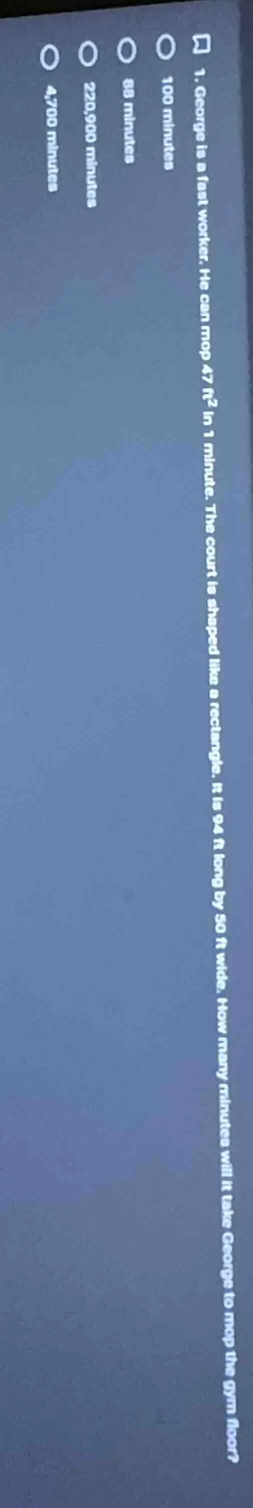 1. george is a fast worker. he can mop 47 ft² in 1 minute. the court is…