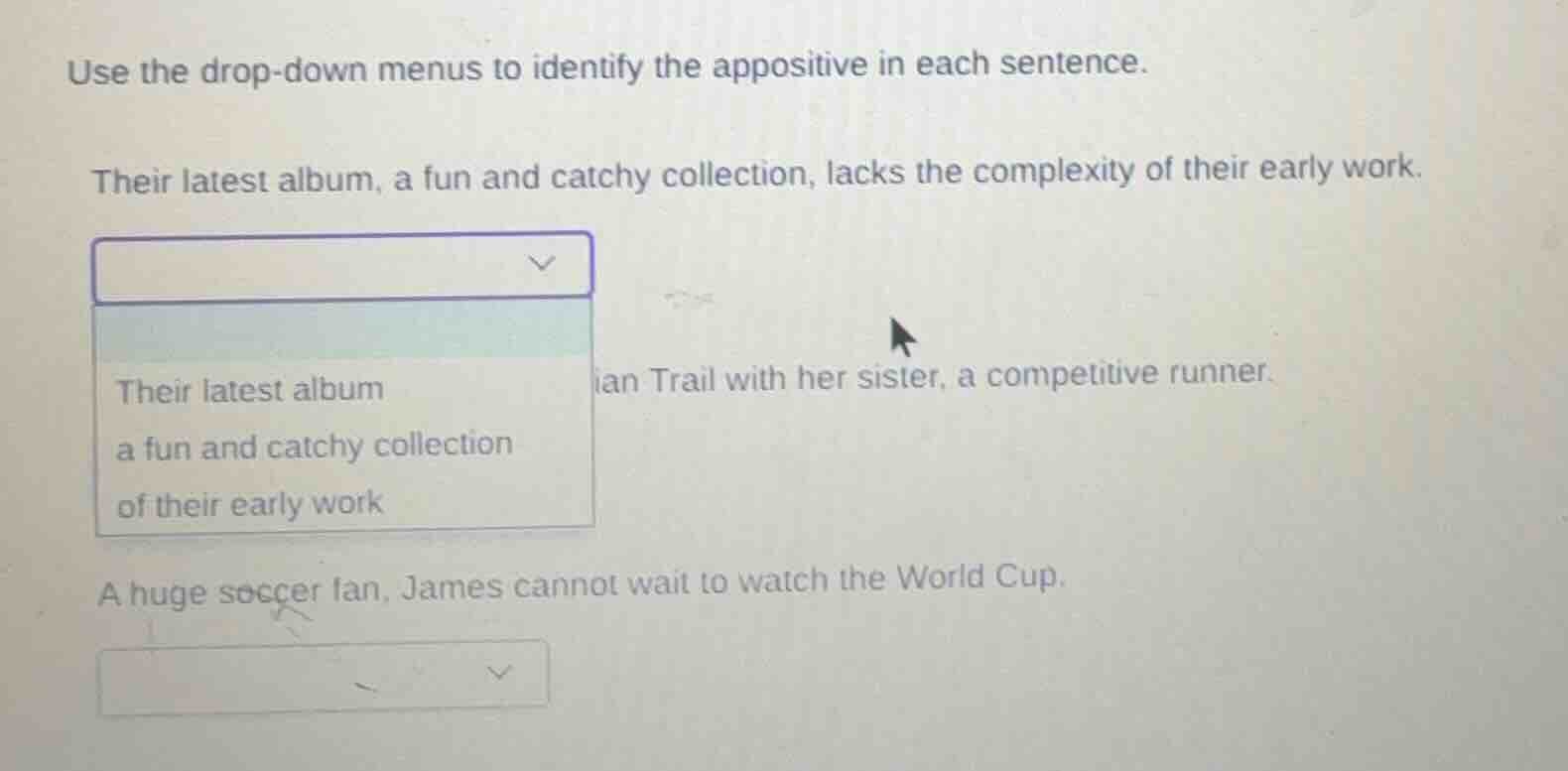 use the drop-down menus to identify the appositive in each sentence. th…