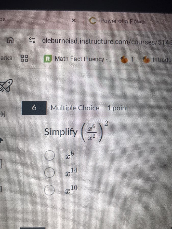 6 multiple choice 1 point simplify $left(\\frac{x^6}{x^2}\ ight)^2$ $x^…
