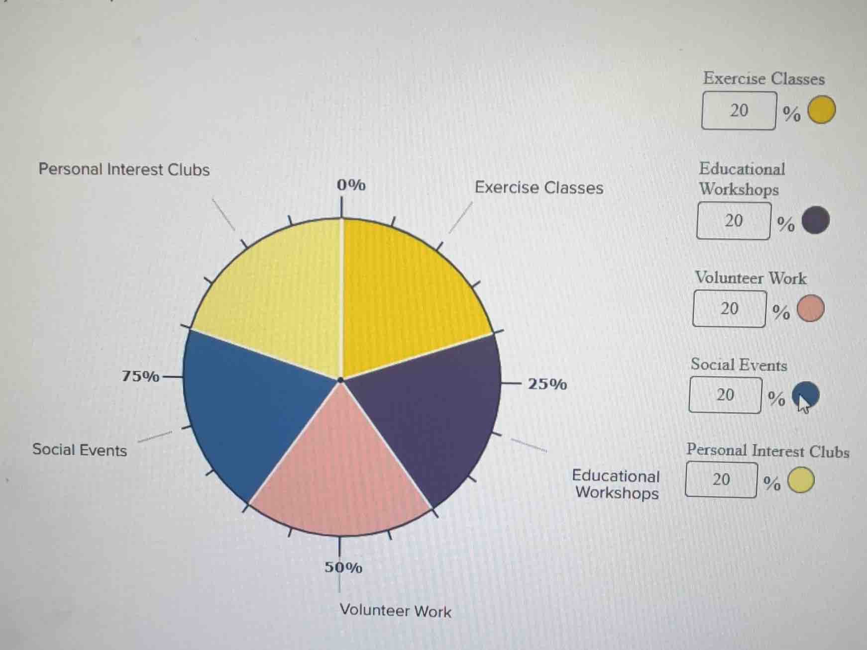 exercise classes 20 % educational workshops 20 % volunteer work 20 % so…