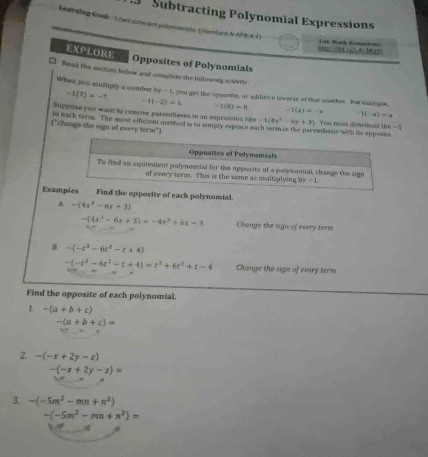 subtracting polynomial expressions learning goal: i can subtract polyno…