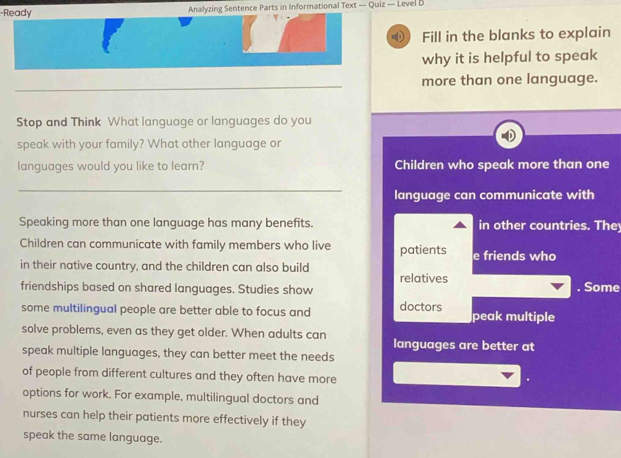 ready analyzing sentence parts in informational text — quiz — level d s…