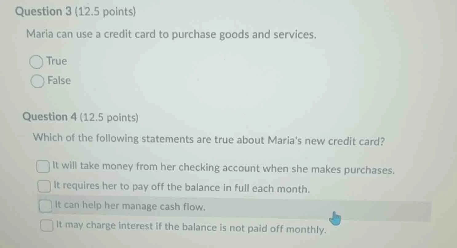 question 3 (12.5 points) maria can use a credit card to purchase goods …