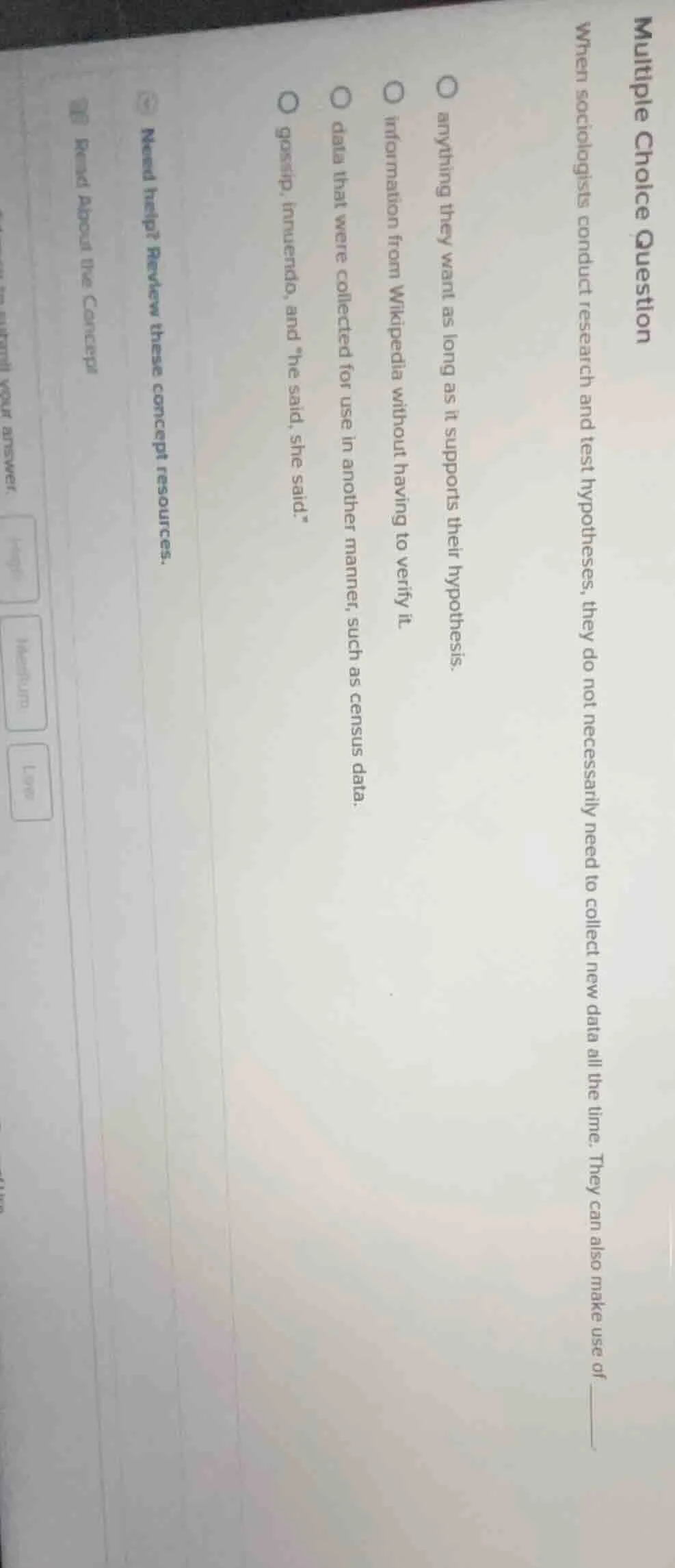 multiple choice question when sociologists conduct research and test hy…