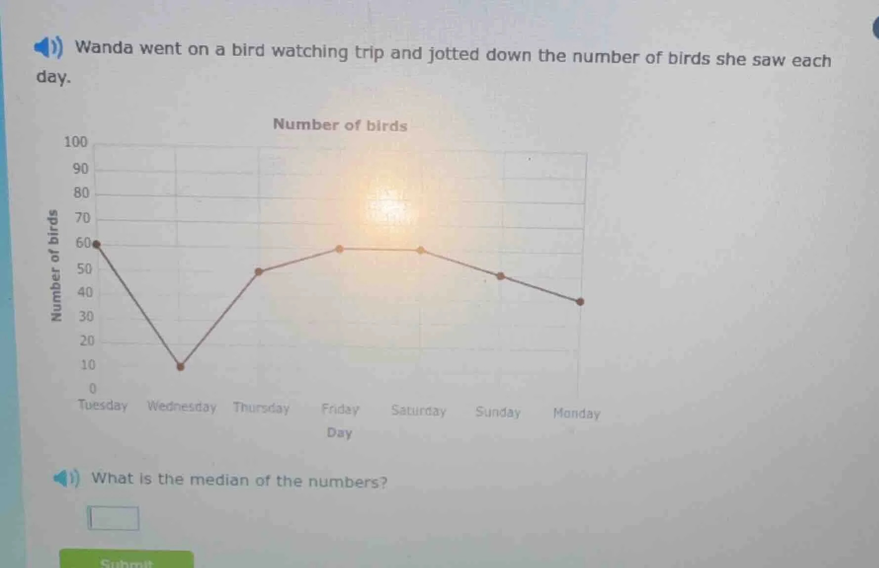 wanda went on a bird watching trip and jotted down the number of birds …