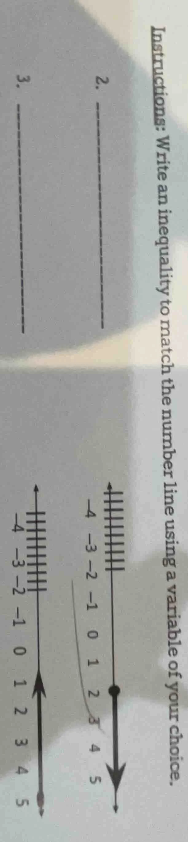 instructions: write an inequality to match the number line using a vari…