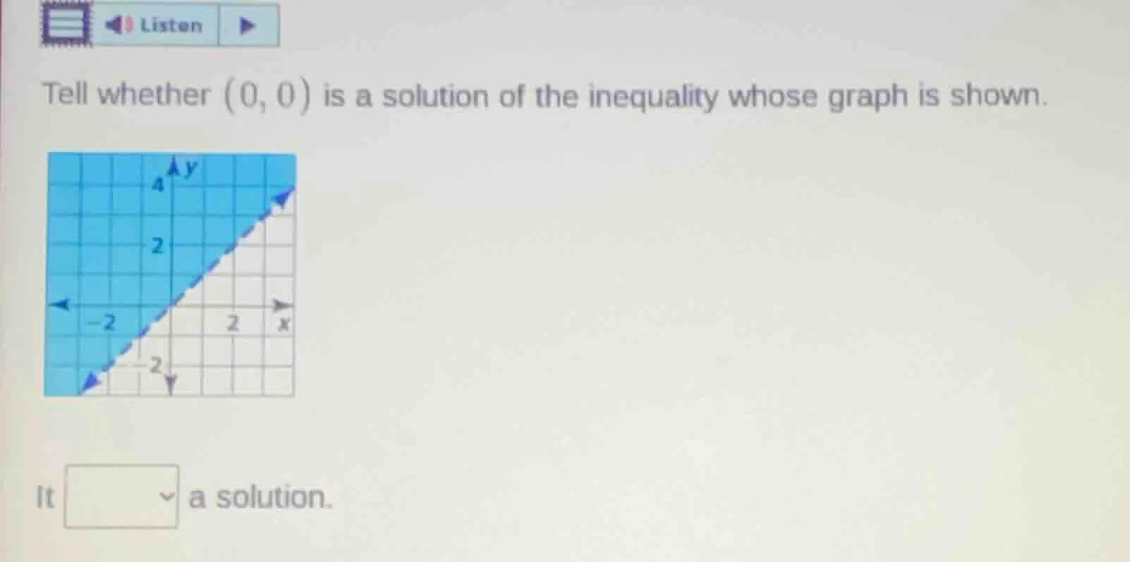 listen tell whether $(0, 0)$ is a solution of the inequality whose grap…