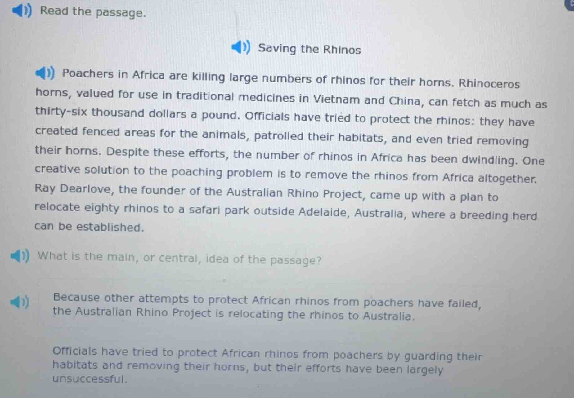 read the passage. saving the rhinos poachers in africa are killing larg…