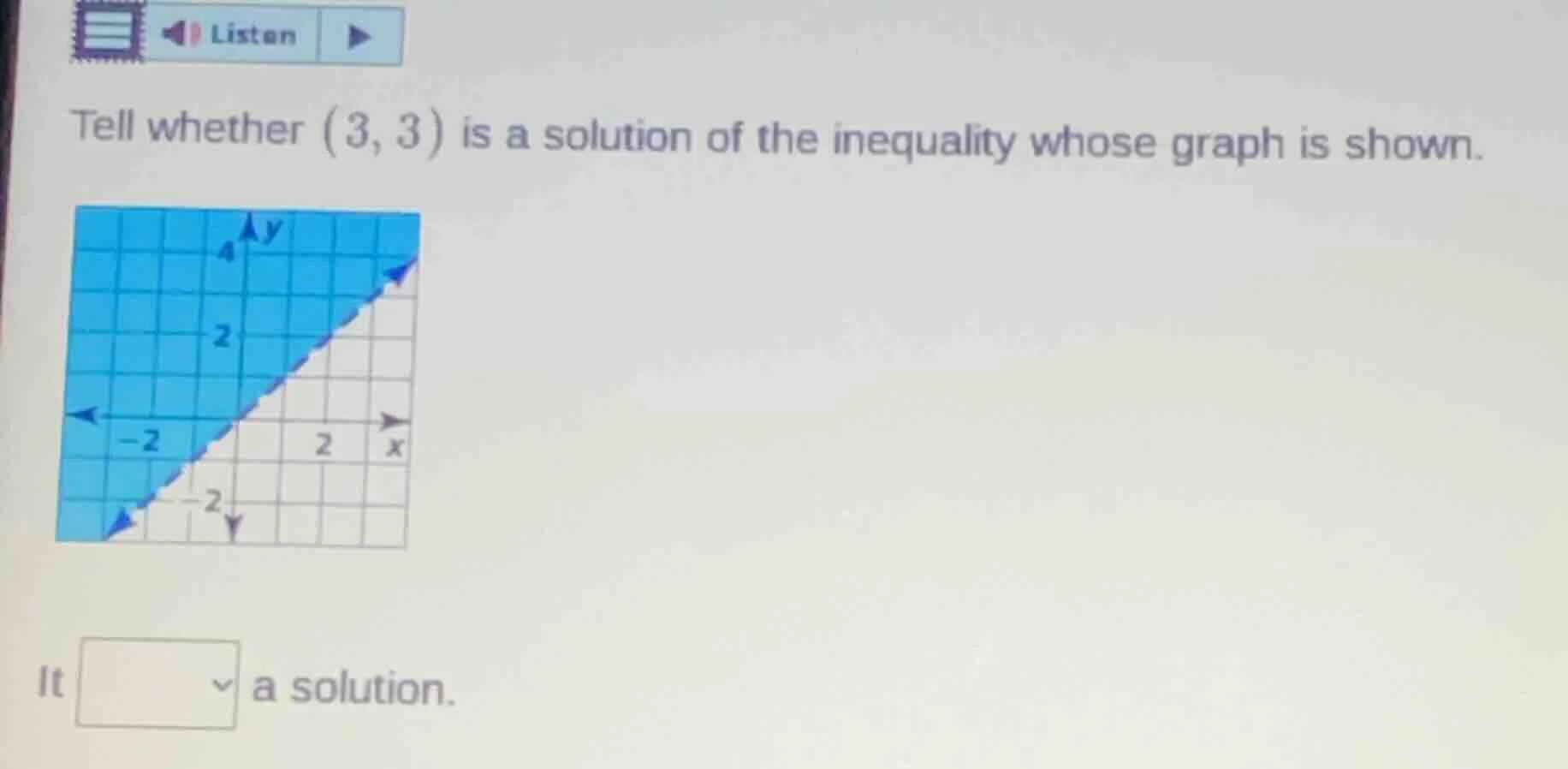 tell whether $(3, 3)$ is a solution of the inequality whose graph is sh…