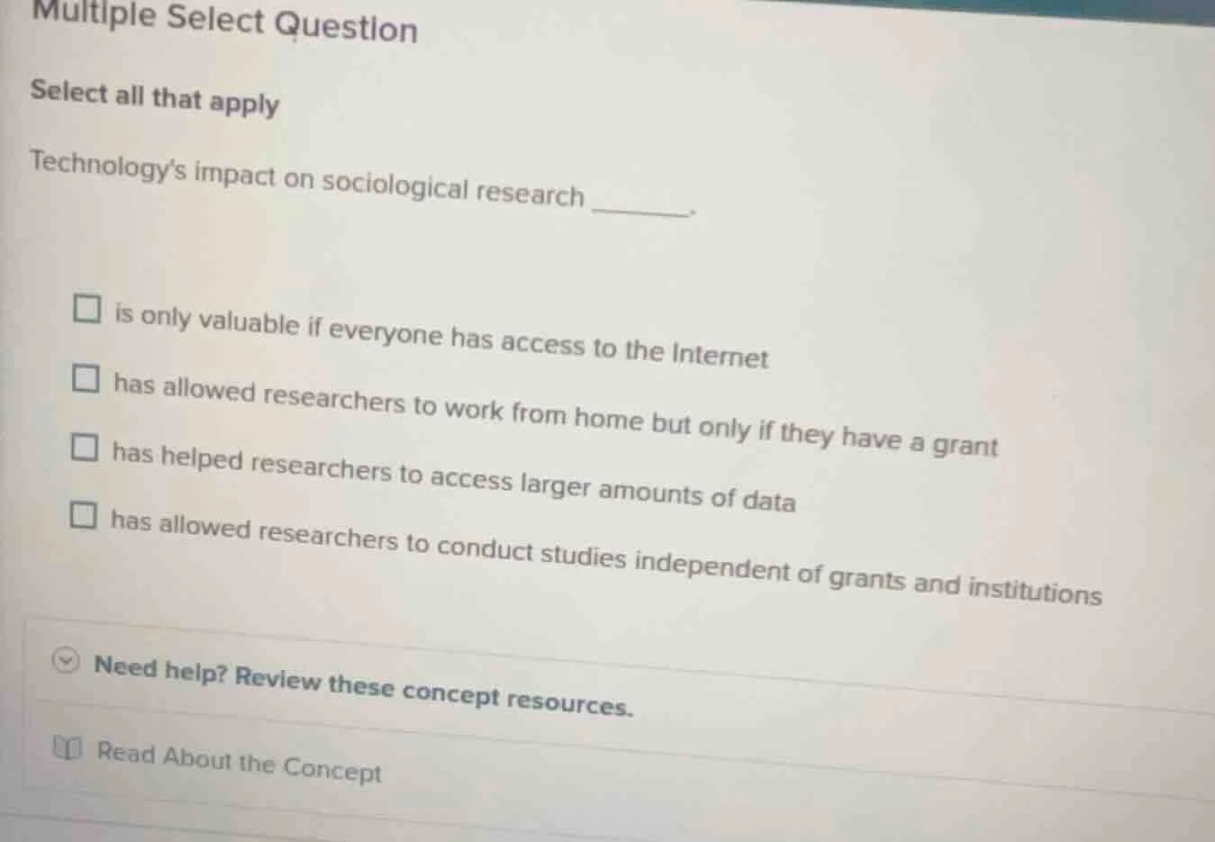 multiple select question select all that apply technologys impact on so…