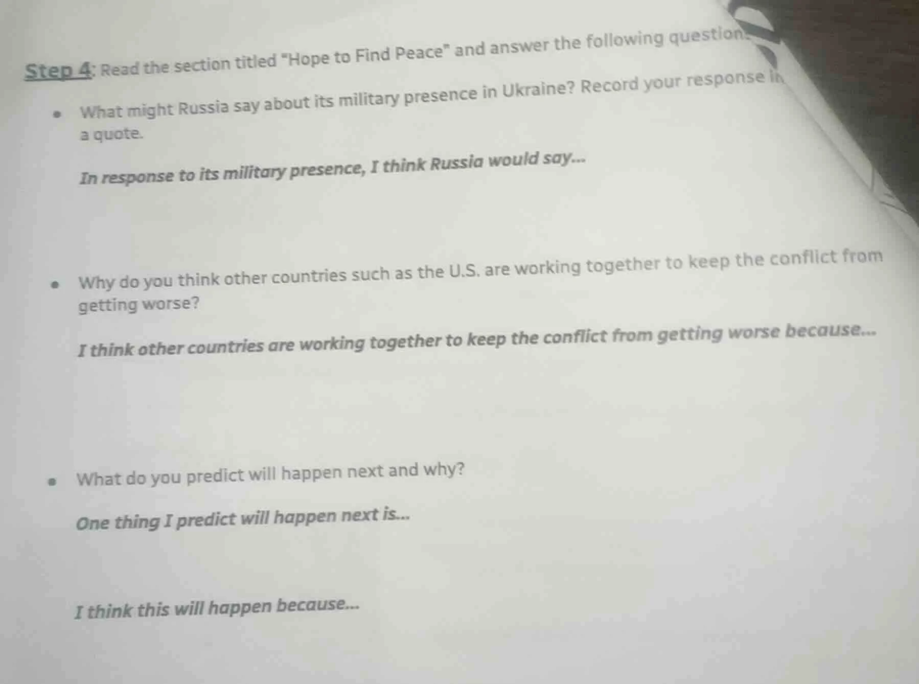 step 4: read the section titled \hope to find peace\ and answer the fol…