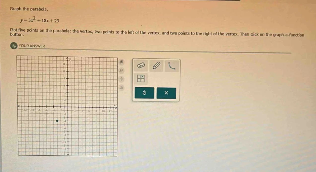 graph the parabola. $y=3x^{2}+18x+23$ plot five points on the parabola:…
