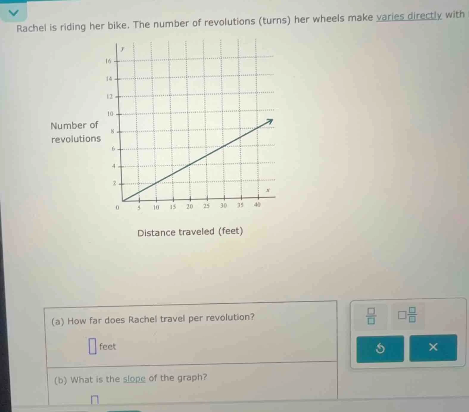 rachel is riding her bike. the number of revolutions (turns) her wheels…
