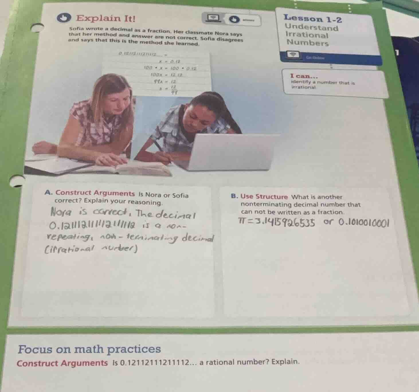 explain it! sofia wrote a decimal as a fraction. her classmate nora say…