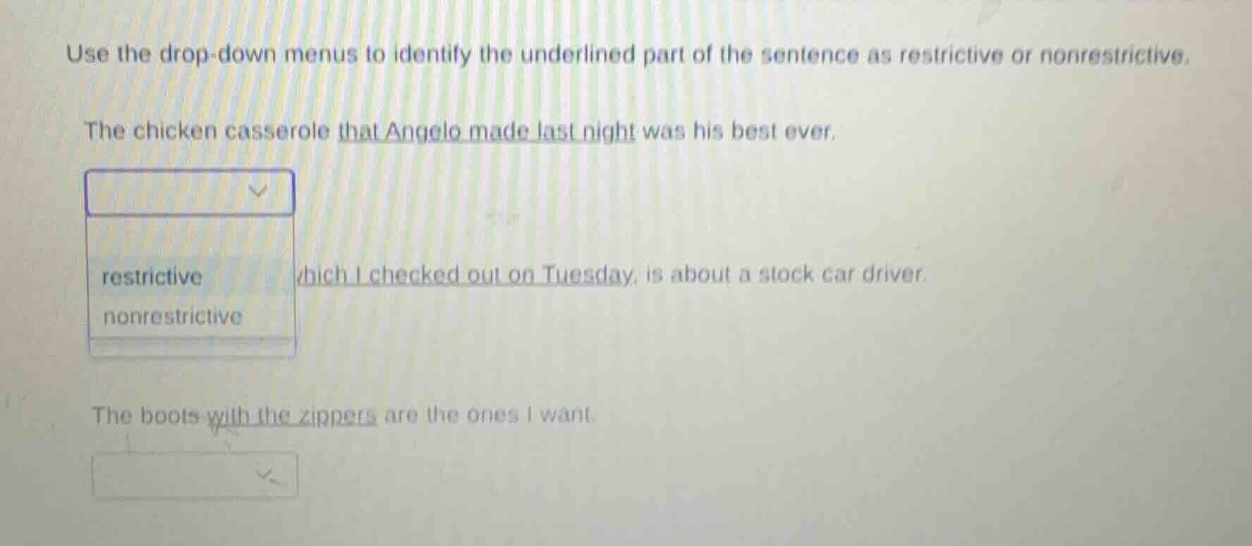 use the drop-down menus to identify the underlined part of the sentence…