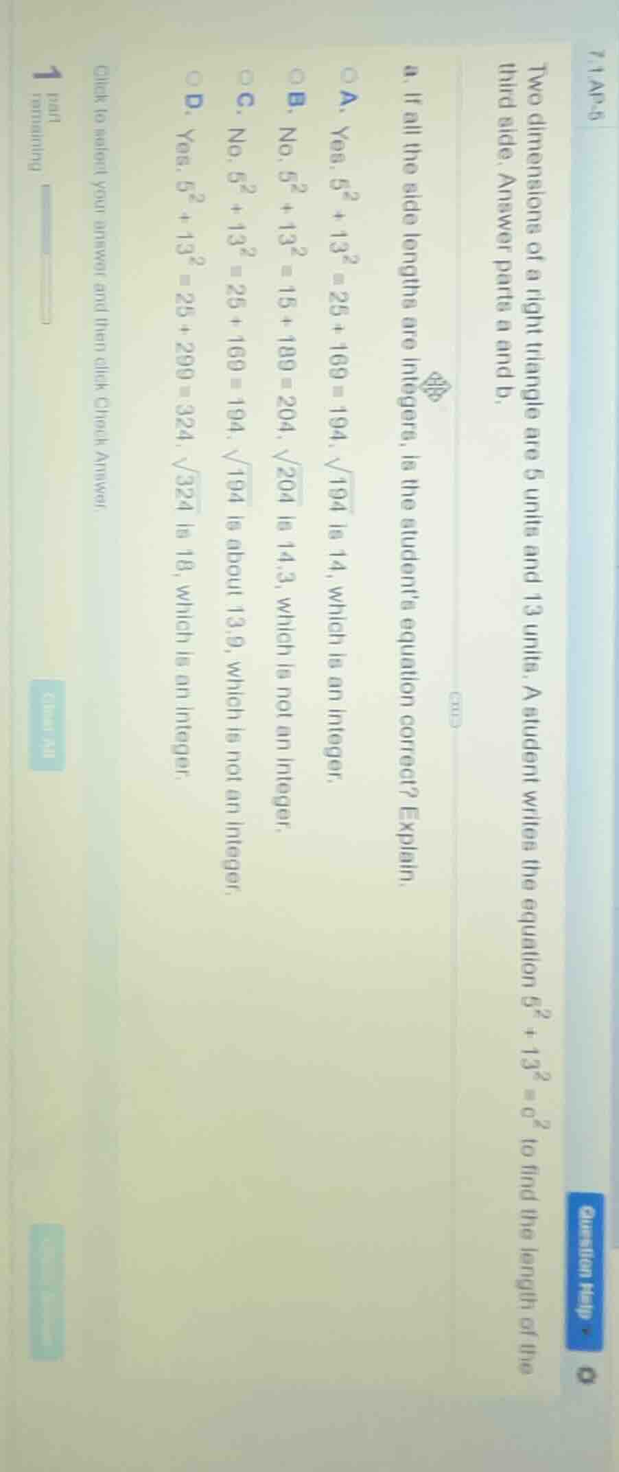 7.1 ap-6 two dimensions of a right triangle are 5 units and 13 units. a…