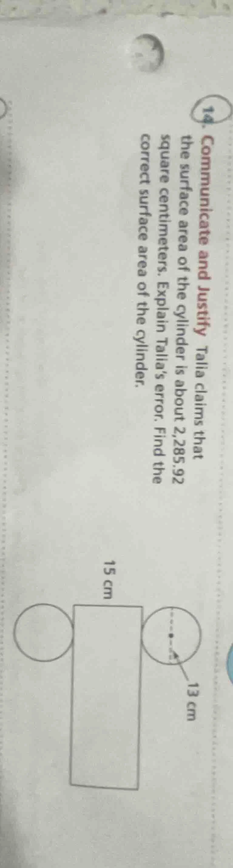 14. communicate and justify talia claims that the surface area of the c…