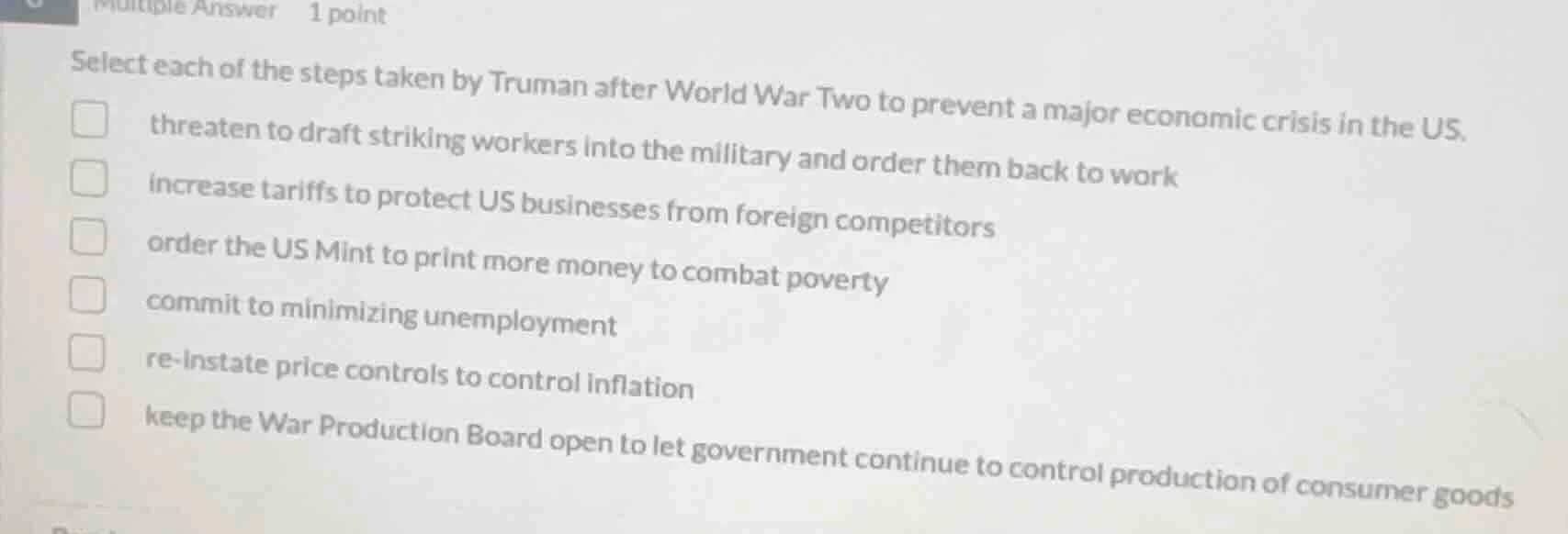 multiple answer 1 point select each of the steps taken by truman after …