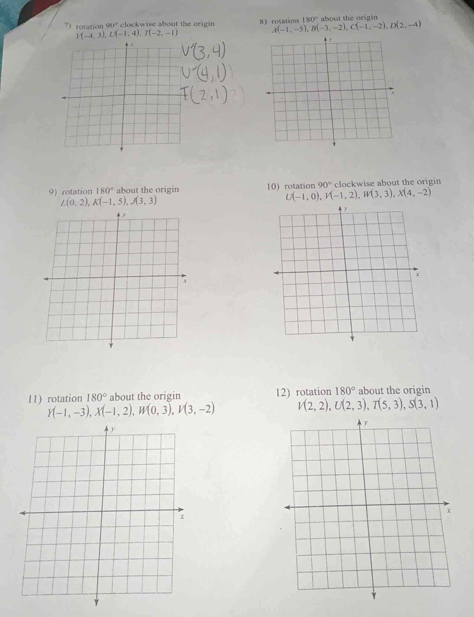 7) rotation $90^{\\circ}$ clockwise about the origin $v(-4, 3), u(-1, 4…