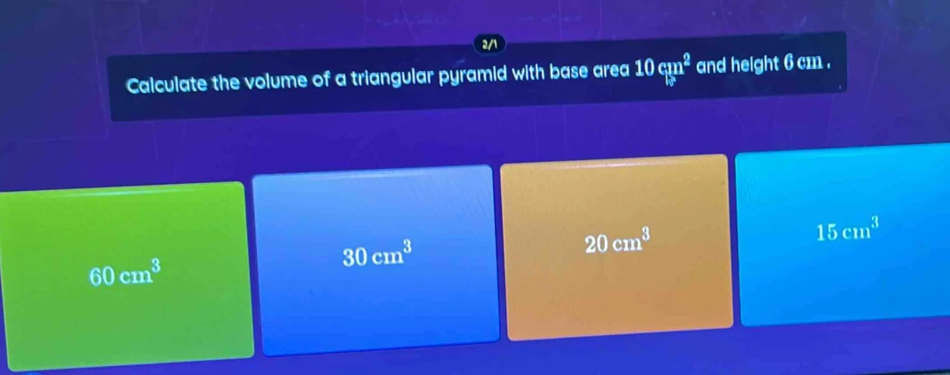 calculate the volume of a triangular pyramid with base area $10\\ \\tex…