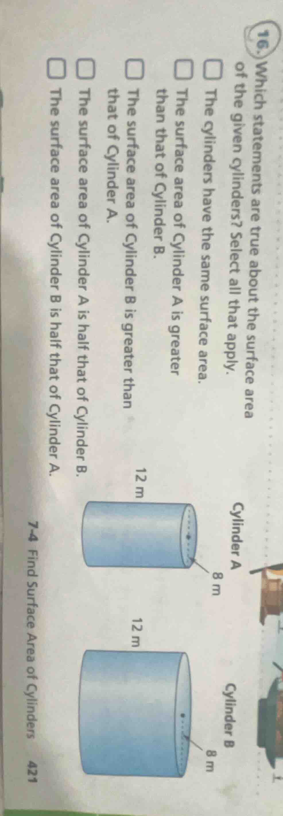 16. which statements are true about the surface area of the given cylin…