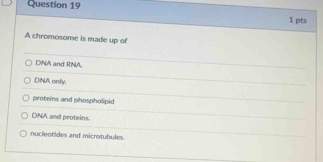 question 19 1 pts a chromosome is made up of dna and rna. dna only. pro…