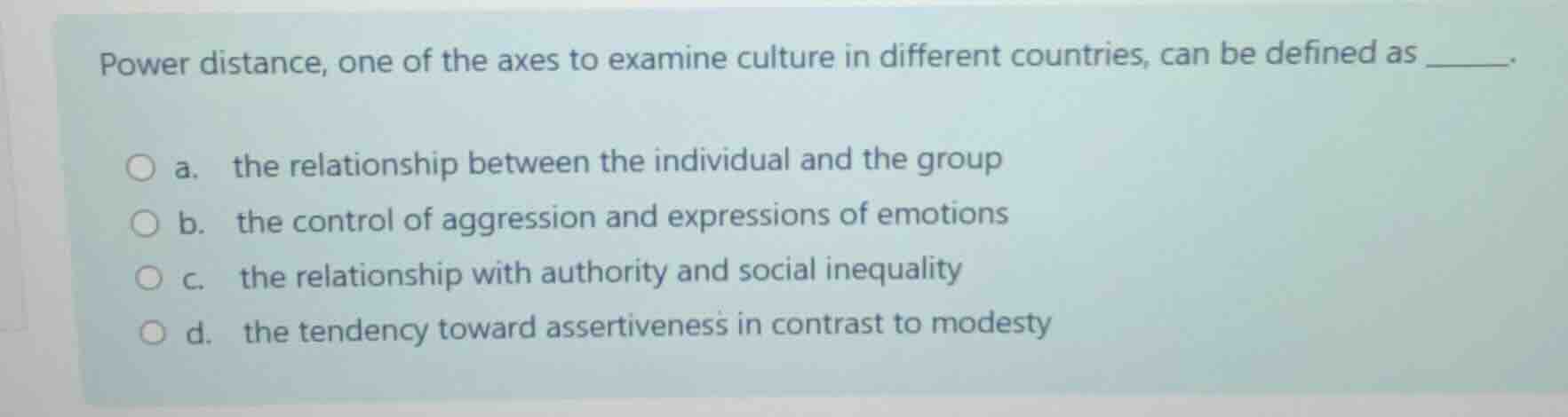 power distance, one of the axes to examine culture in different countri…