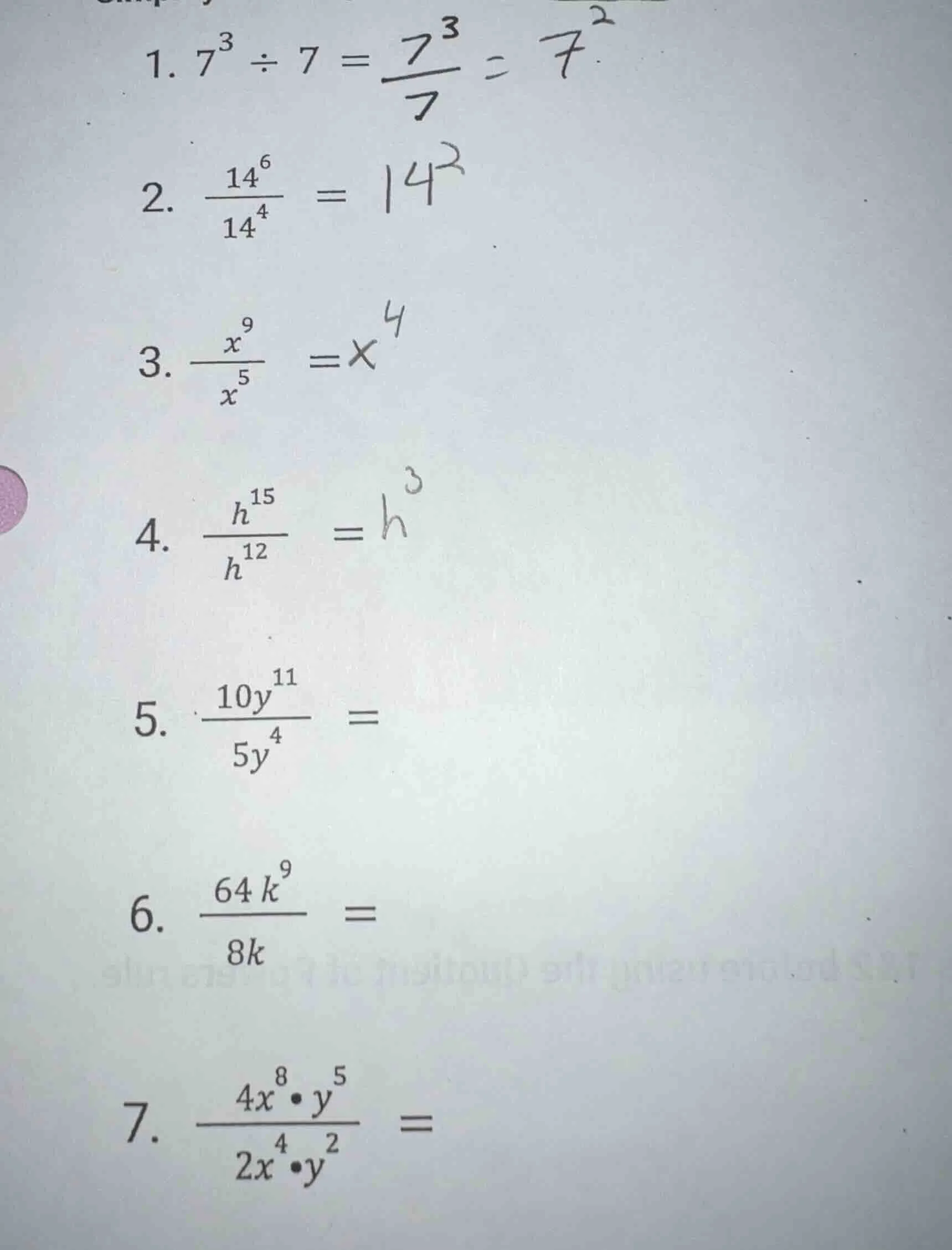1. $7^{3} \\div 7 = \\frac{7^{3}}{7} = 7^{2}$ 2. $\\frac{14^{6}}{14^{4}…