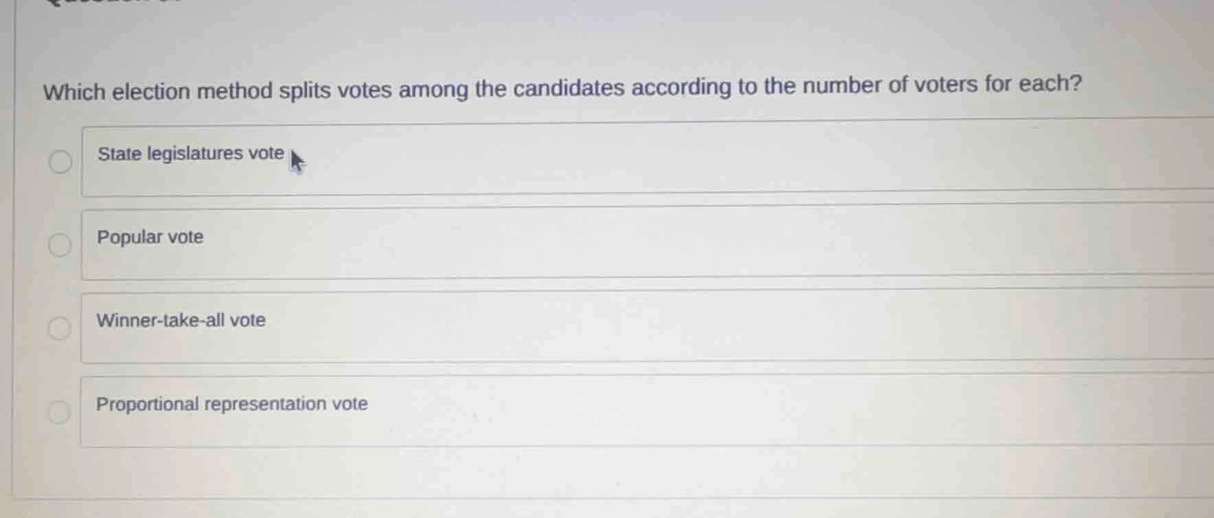 which election method splits votes among the candidates according to th…