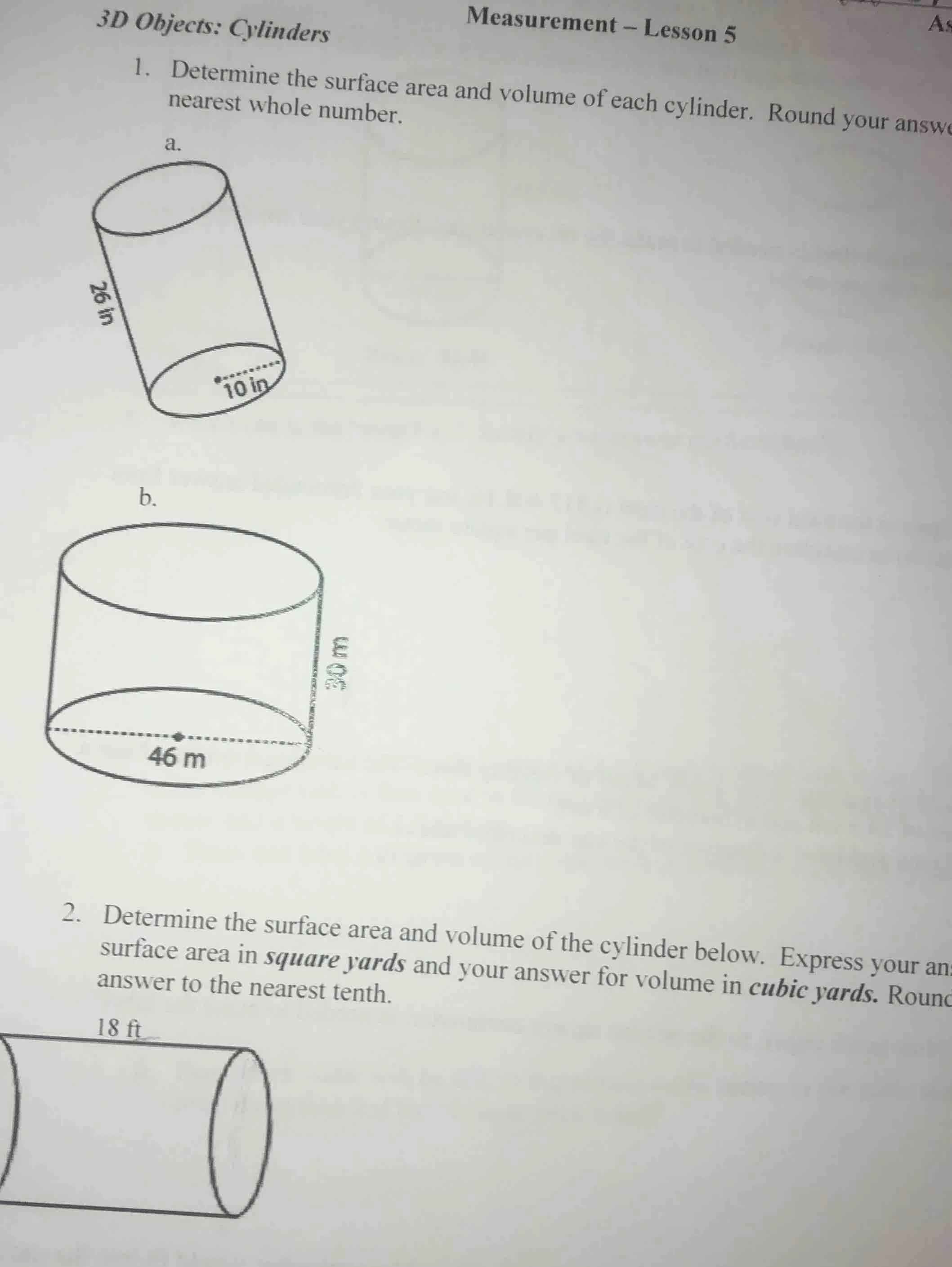 measurement – lesson 5 3d objects: cylinders 1. determine the surface a…