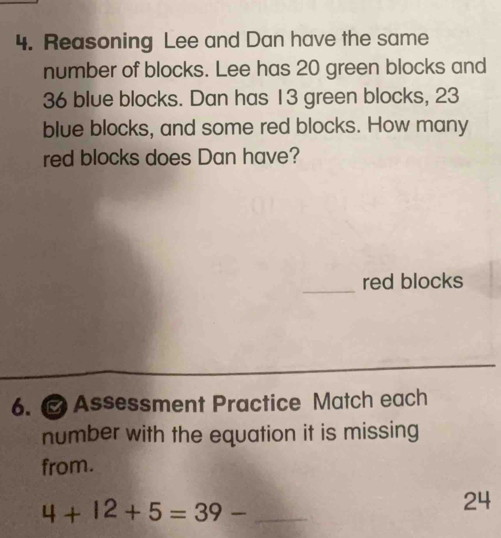 4. reasoning lee and dan have the same number of blocks. lee has 20 gre…