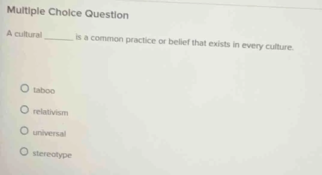 multiple choice question a cultural ______ is a common practice or beli…